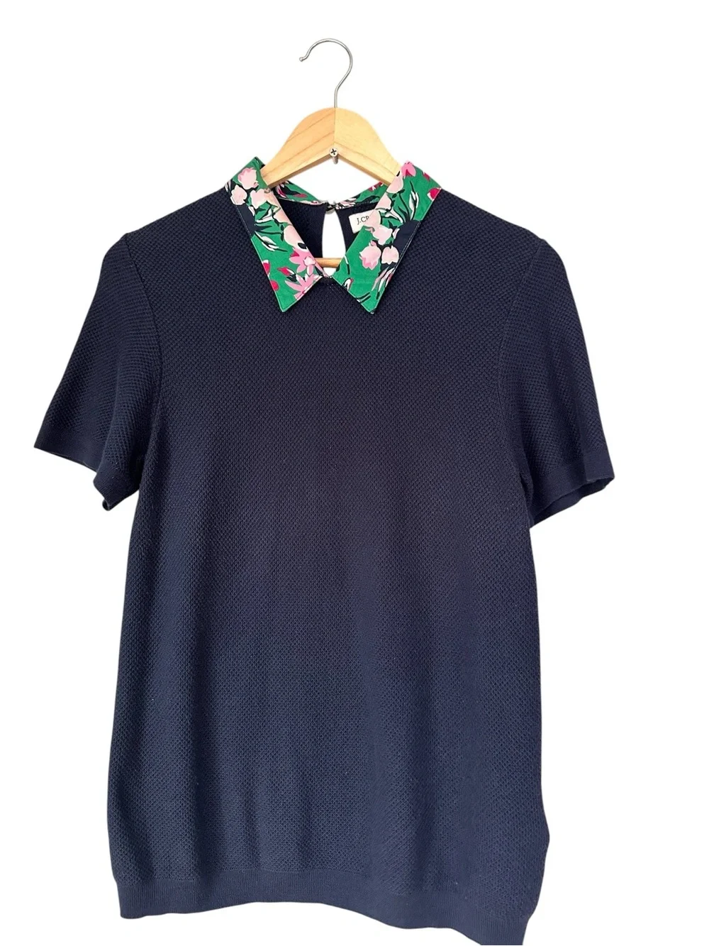 J. Crew Navy Tropical Floral Collar Sweater, Size Medium
